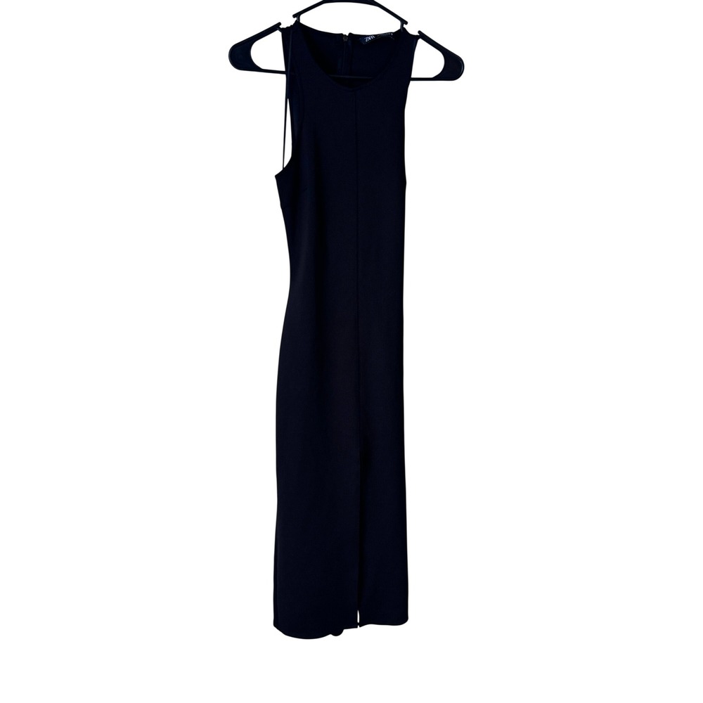 Zara Black High Neck Open Back Knot Detail Midi Dress Small Front Slit LBD